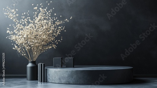 Dark grey round podium with black vase and white flowers.