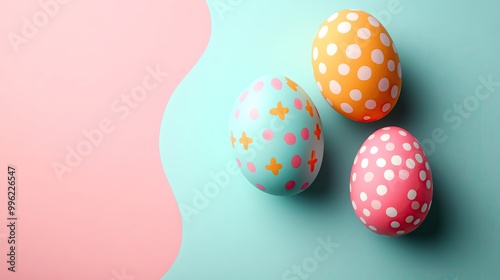 Colorful decorated Easter eggs on a pastel blue background, perfect for spring celebration themes.