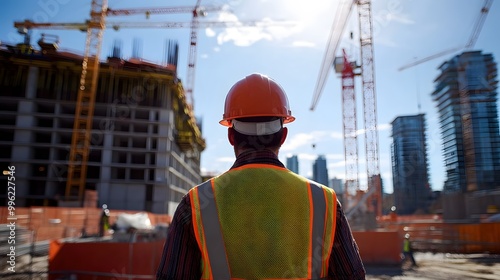 Photo of a construction worker wearing an orange vest and helmet, walking towards the camera