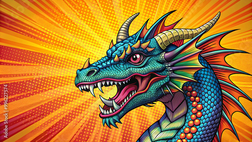 Scary dragon in vibrant pop art style , dragon, scary, terrible, mythical, creature, pop art, colorful, vibrant, fantasy