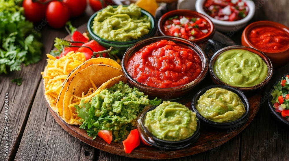 A bright and colorful taco platter with an array of sauces, such as guacamole and salsa, displayed on a rustic wooden table, celebrating the flavors of Mexican cuisine. A bright and colorful taco platter with an array of sauces, such as guacamole and salsa, displayed on a rustic wooden table, celebrating the flavors of Mexican cuisine.