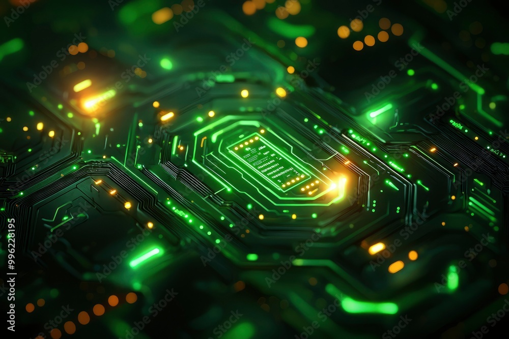 Obraz premium Glowing Green and Orange Circuit Board with Illuminated Microchip