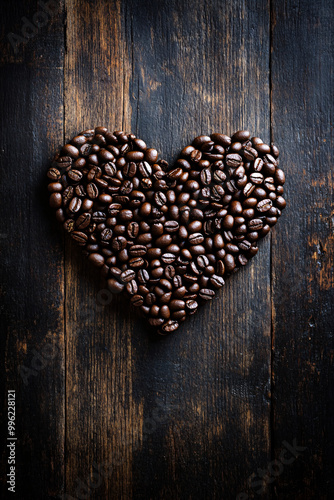 Closeup fresh roasted Arabian or aroma coffee beans on shape of heart. Organic coffee concept background. Top view, flat lay backdorp with copy space photo