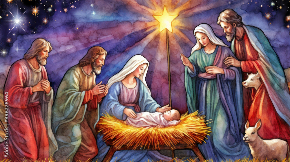 Illustration of the nativity in colorful tones Illustration of the nativity in colorful tones