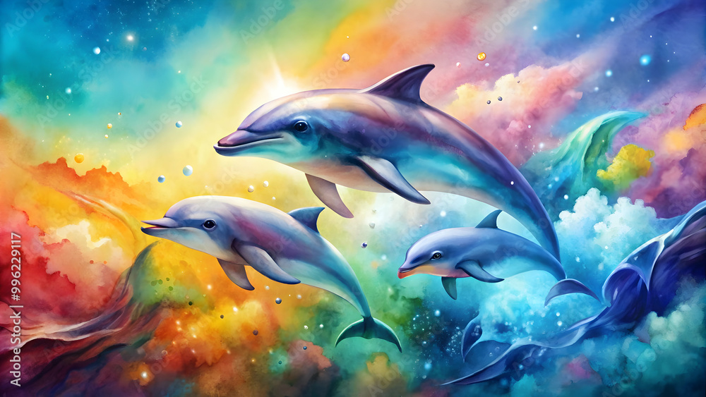 Fototapeta premium Joyful dolphin family swimming in colorful watercolors against a white background, dolphins, family, colorful, watercolors
