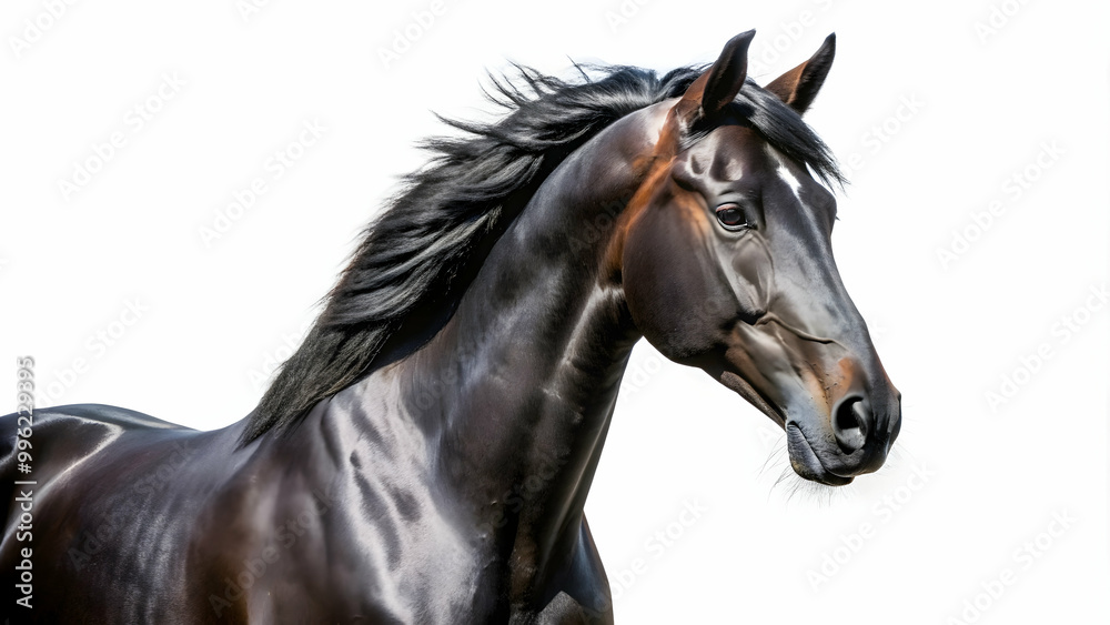 Black horse with sleek coat and intense expression isolated on white background, wildlife, animal, stallion Black horse with sleek coat and intense expression isolated on white background, wildlife, animal, stallion