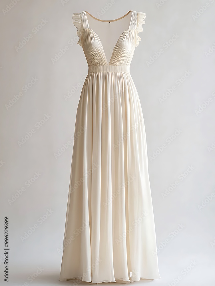 Elegant Ivory Wedding Dress with V-Neckline and Ruffled Sleeves. Elegant Ivory Wedding Dress with V-Neckline and Ruffled Sleeves.