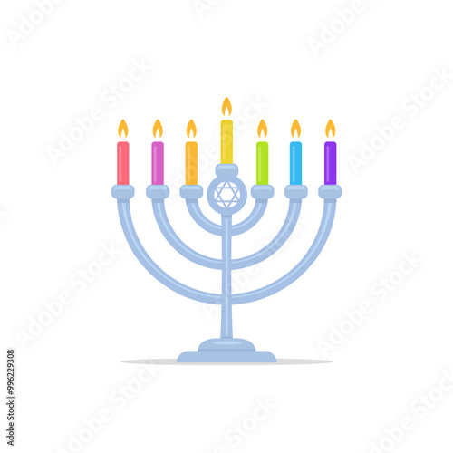 Menorah with rainbow colored candles vector flat illustration isolated on white