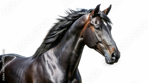 Black horse with sleek coat and intense expression isolated on white background, wildlife, animal, stallion