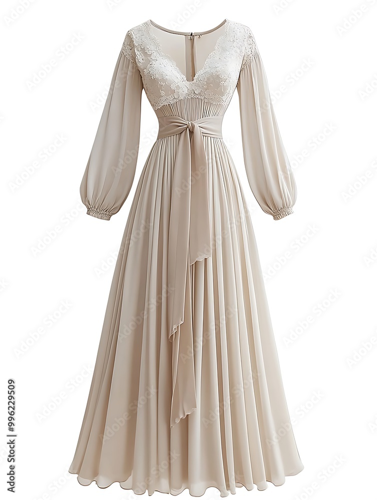 Elegant Beige Dress with Lace Detail and Satin Ribbon. Elegant Beige Dress with Lace Detail and Satin Ribbon.