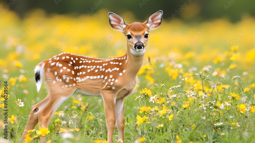 A young fawn stands gracefully in a field of vibrant wildflowers. A young fawn stands gracefully in a field of vibrant wildflowers.