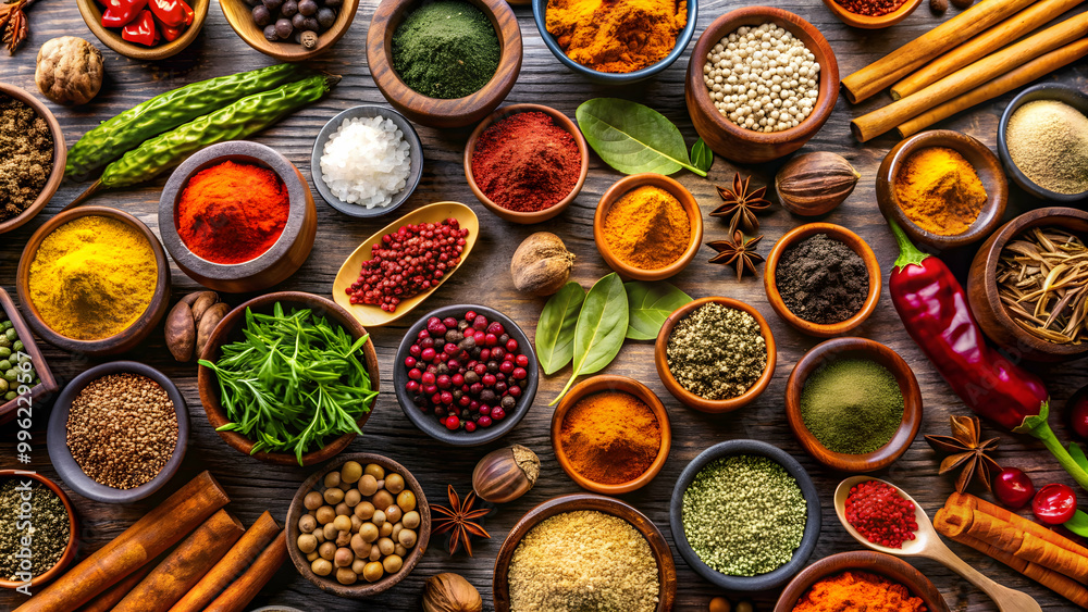A vibrant collection of various aromatic and flavorful spices, cooking, flavoring, seasoning, ingredients, kitchen A vibrant collection of various aromatic and flavorful spices, cooking, flavoring, seasoning, ingredients, kitchen