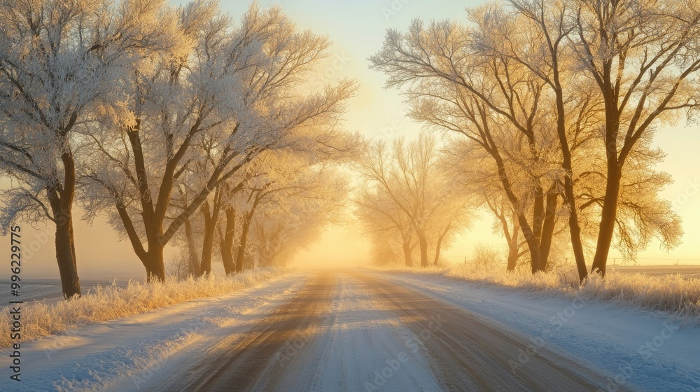 Frost-covered trees lining a quiet winter road as the morning sun casts a soft golden glow across the landscape.