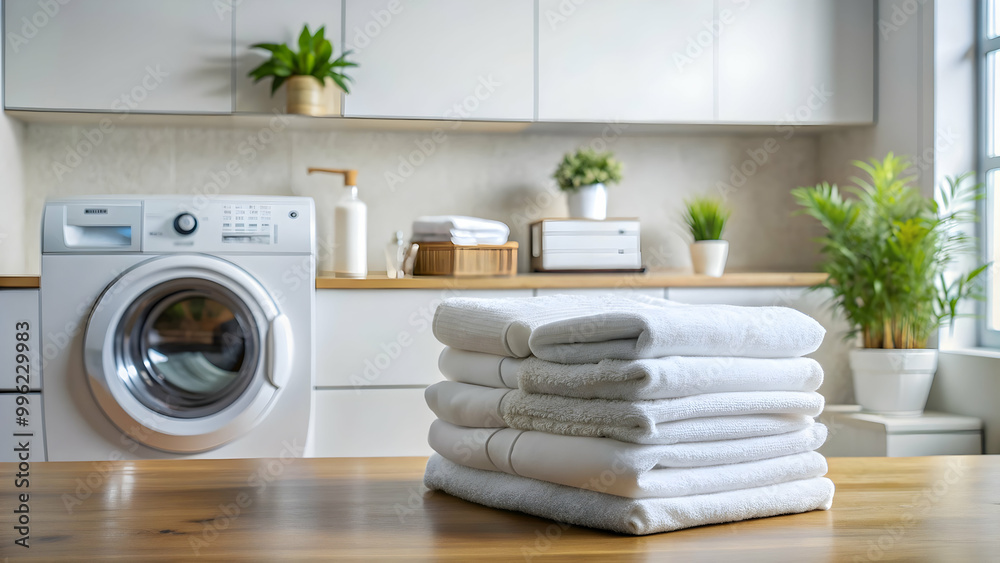 Stack of clean white towels in a tidy laundry room , laundry, home, cleaning, organized, household, soft, fluffy, fabric, pile Stack of clean white towels in a tidy laundry room , laundry, home, cleaning, organized, household, soft, fluffy, fabric, pile
