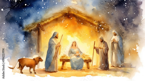 Watercolor of the nativity in yellow tones