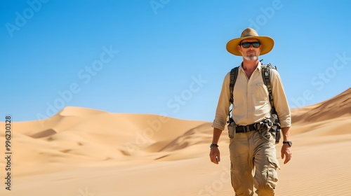 Explorer walking through the desert under a clear blue sky with vast sand dunes