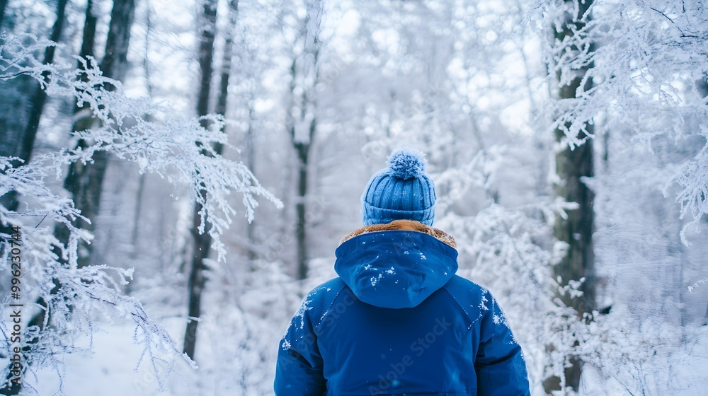 Lone traveler hiking through a snowy forest path surrounded by snow-covered trees in winter landscape Lone traveler hiking through a snowy forest path surrounded by snow-covered trees in winter landscape