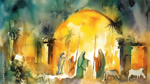 Watercolor of the nativity in chartreuse tones