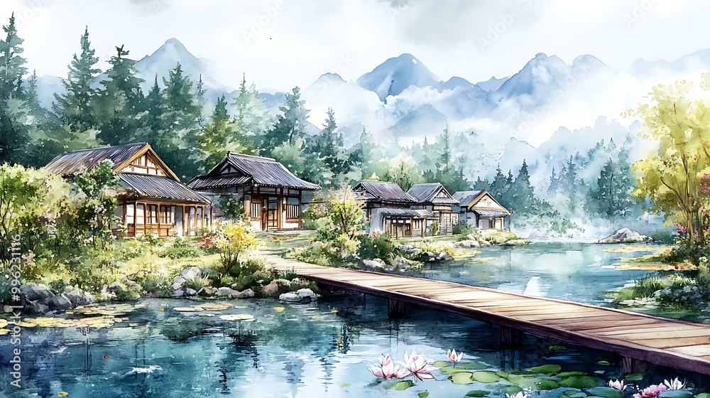 Fototapeta premium Tranquil Watercolor Painting of a Japanese Village with Mountain Backdrop.