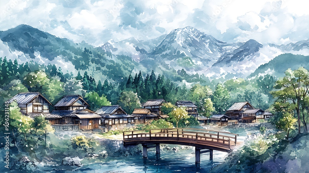 Watercolor Painting of a Traditional Japanese Village Nestled in a Mountain Valley. Watercolor Painting of a Traditional Japanese Village Nestled in a Mountain Valley.