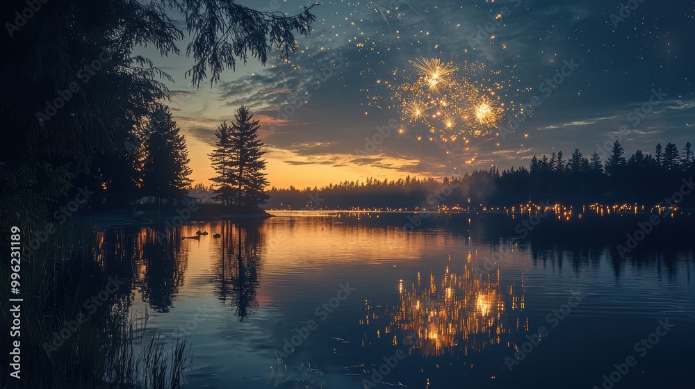 Fototapeta premium Midnight Fireworks Reflections on Serene Lake