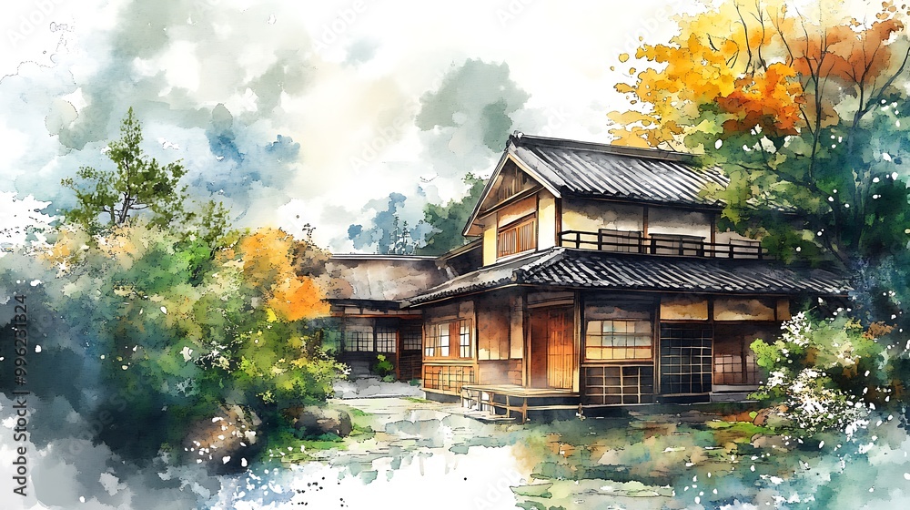 Fototapeta premium Watercolor Painting of a Traditional Japanese House with a Garden