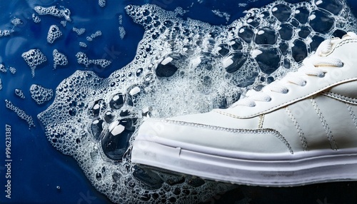 Closeup of pair of white shoes sneakers wash in water and foam. Dirty or clean footwear