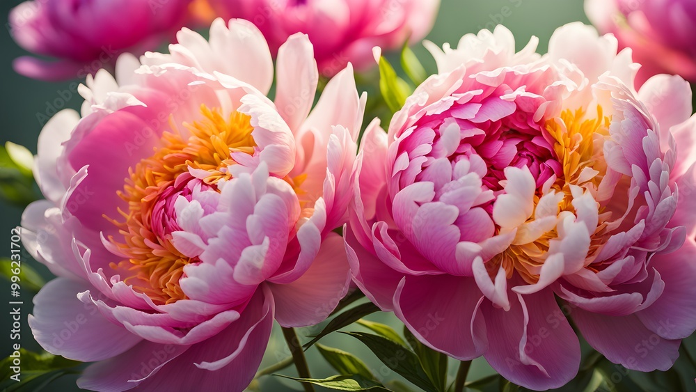 Fototapeta premium Two pink peonies with yellow centers in close-up.