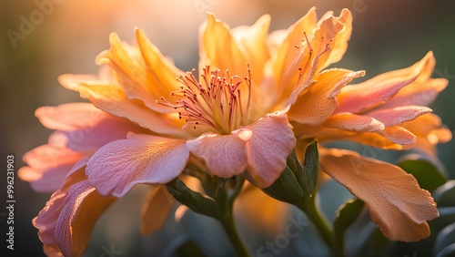 A close-up of a delicate peach-colored flower with a soft, blurry background. The flower is bathed in warm, golden light, creating a radiant glow.