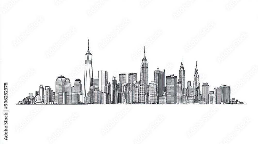 Skyline illustration of a cityscape in black and white. Skyline illustration of a cityscape in black and white.