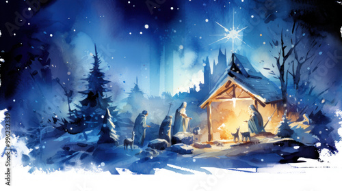 Watercolor of the nativity in vivid blue tones