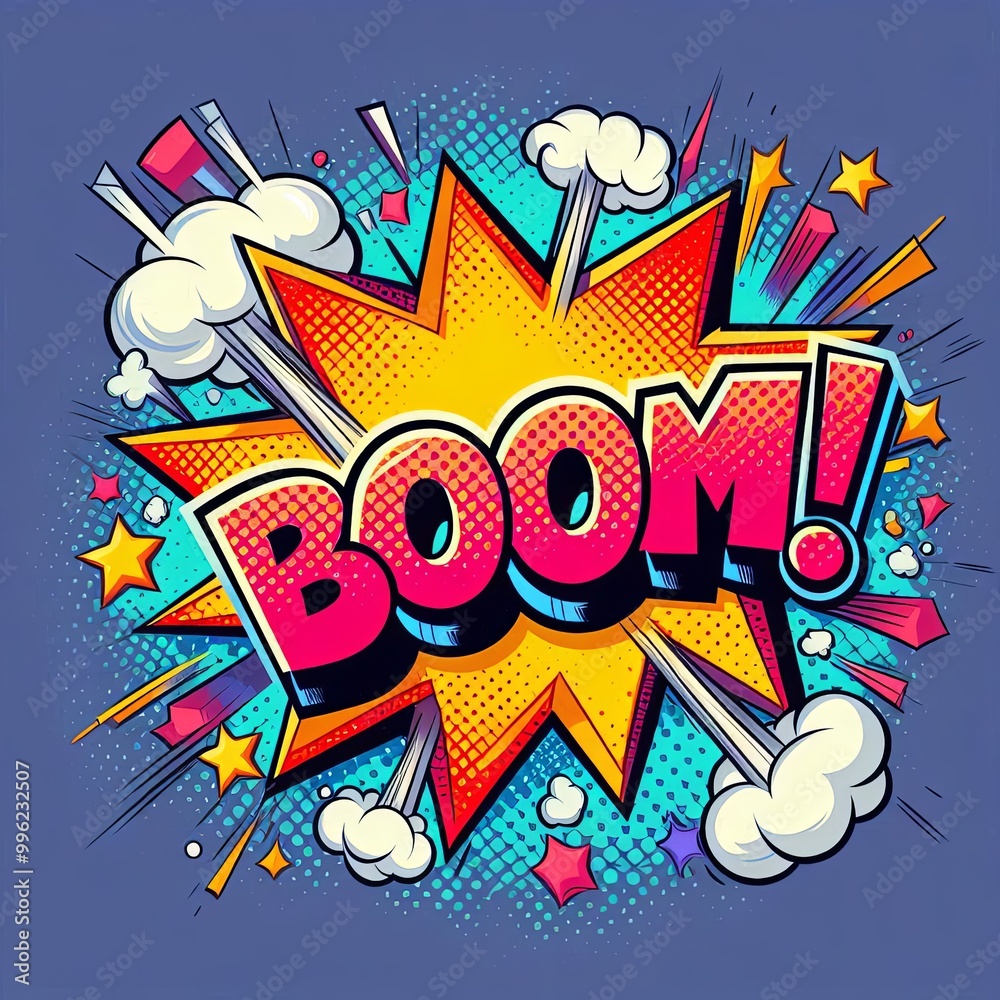 Comic style BOOM speech bubble explosion with dynamic pop art design, vibrant colors, and retro comic book elements. Perfect for posters and banners