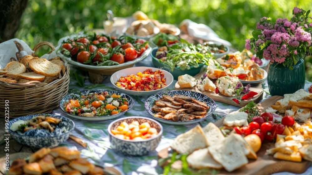 A charming outdoor picnic scene with an array of plates and bowls filled with finger foods, surrounded by nature, illustrating the joy of dining al fresco. A charming outdoor picnic scene with an array of plates and bowls filled with finger foods, surrounded by nature, illustrating the joy of dining al fresco.