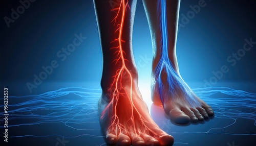 Illustration of human circulatory system in feet, blue background photo