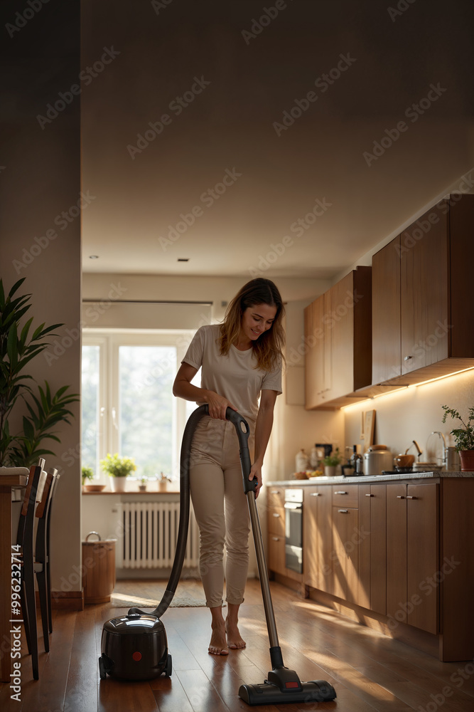 © Jose Luis Stephens - A woman is engaged in cleaning her kitchen with a vacuum cleaner, showcasing a tidy and well-lit space © Jose Luis Stephens - A woman is engaged in cleaning her kitchen with a vacuum cleaner, showcasing a tidy and well-lit space