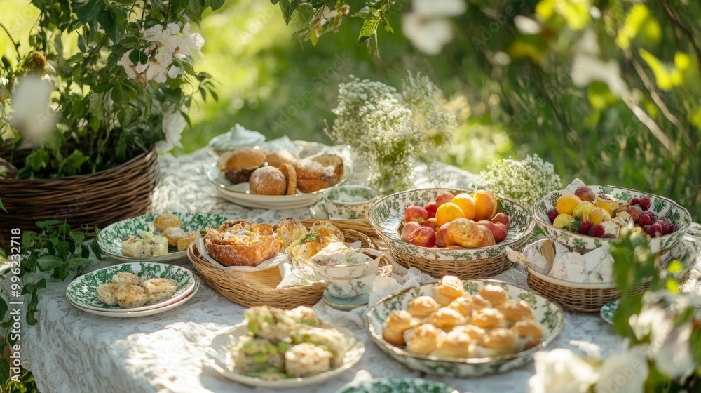 A charming outdoor picnic scene with an array of plates and bowls filled with finger foods, surrounded by nature, illustrating the joy of dining al fresco. A charming outdoor picnic scene with an array of plates and bowls filled with finger foods, surrounded by nature, illustrating the joy of dining al fresco.