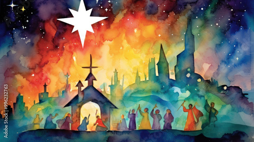 Watercolor of the nativity in colorful tones