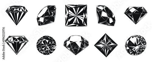 Black diamond shapes vector illustration. Set of various cut gemstone in different geometric styles.
