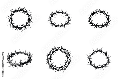 Crown of thorns vector illustration. Black and white thorn wreath designs in various shapes.