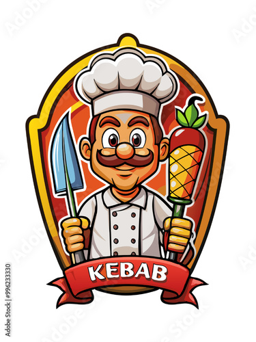Kebab Chef Cartoon Mascot: A jovial cartoon chef in a white hat, holding a knife and a kebab, with a red ribbon reading 'Kebab'. This illustration is perfect for restaurant menus, branding.