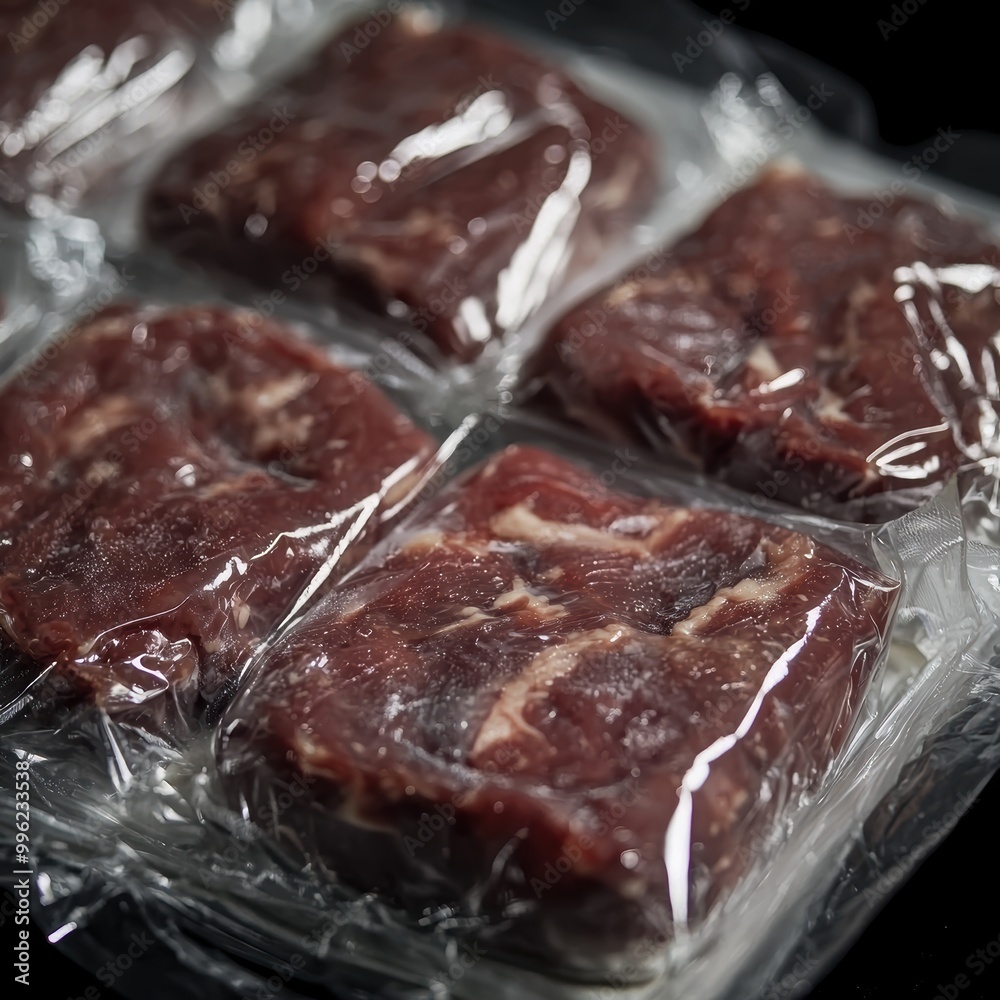 Close-Up of Frozen Meat Package on Black Background Close-Up of Frozen Meat Package on Black Background