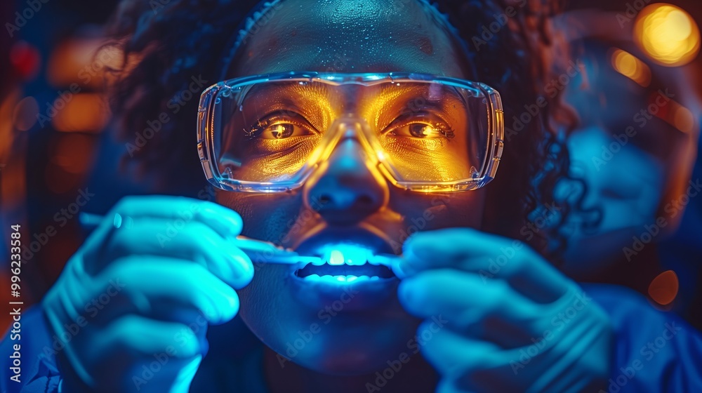 Dental Professional Performing a Teeth Whitening Procedure in a Modern Clinic at Night Dental Professional Performing a Teeth Whitening Procedure in a Modern Clinic at Night