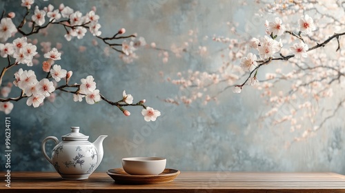A porcelain teapot and cup rest on a wooden table in front of a rustic blue wall with blooming cherry branches.