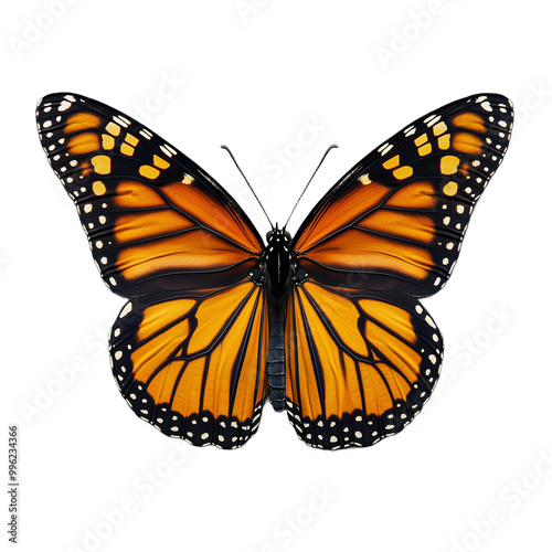 Photo of an orange monarch butterfly with detailed wings on a transparent background