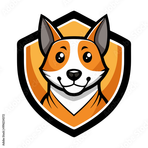 Smiling Dog Mascot Logo: A friendly and approachable cartoon dog mascot with a big smile,  perfectly suited for a brand or company logo. This adorable illustration features a dog inside a shield.