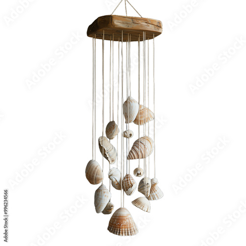 Photo of a seashell wind chime hanging on a string on a transparent background