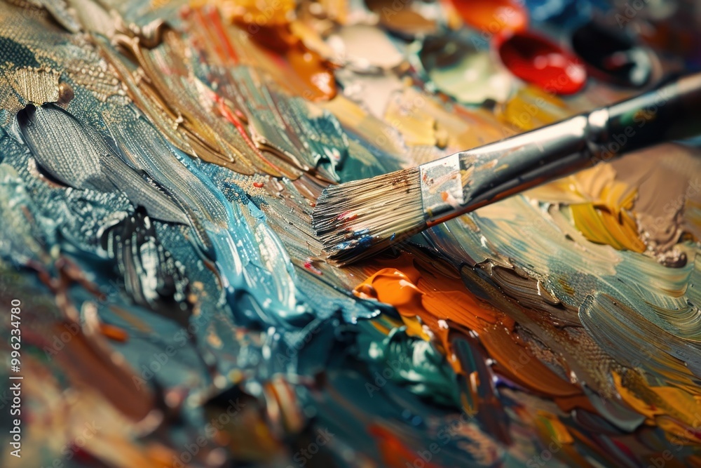 Fototapeta premium Artist creates oil painting with brush on palette Macro palette Palette with brush Artist paints with oils Art palette