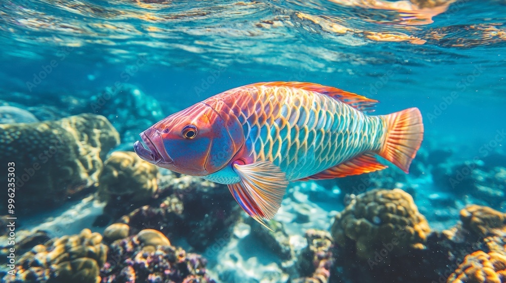 Naklejka premium A vivid parrotfish swimming in clear tropical waters, with bright scales and coral reefs visible in the background.