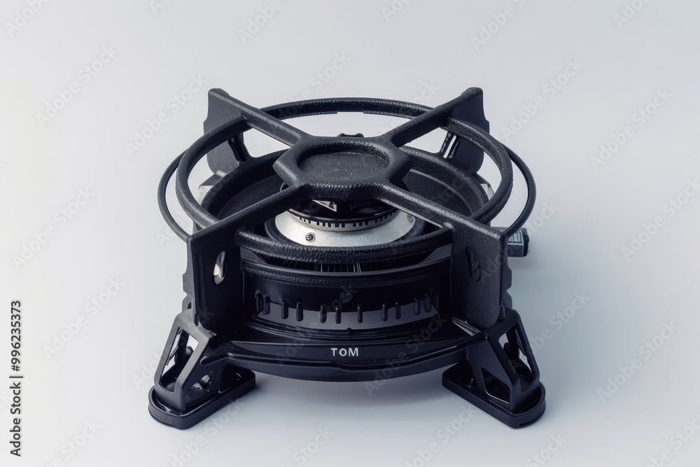 Black gas stove on white background Unique food prep idea Portable for hiking Black gas stove on white background Unique food prep idea Portable for hiking