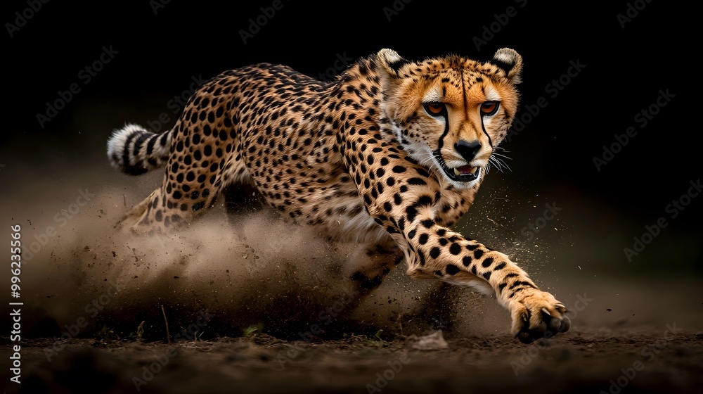 Obraz premium A powerful cheetah sprinting across the dusty terrain, showcasing its speed and grace.